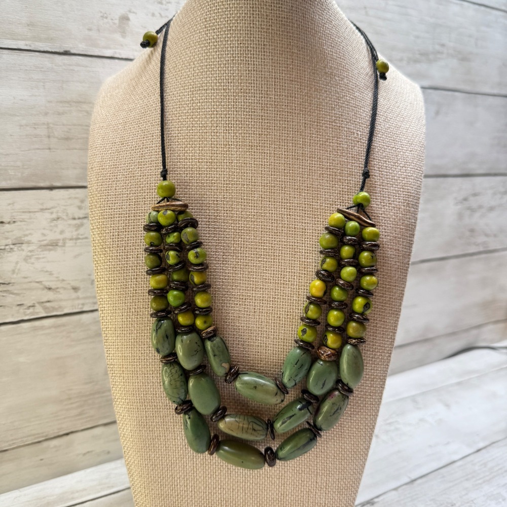 Handmade Green Tagua Nut Seed Bead 3 Strand Statement Necklace Boho Adjustable
